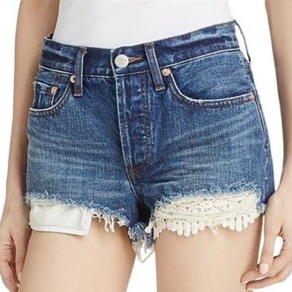 Free People We The Free Daisy Chain Denim Distressed Lace Cutoff Shorts - Dark - Picture 4 of 13